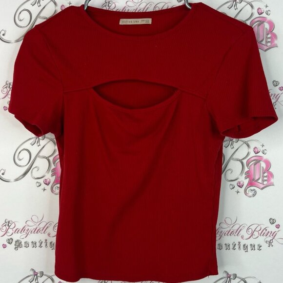 Active USA tshirt tee cut out front chest ribbed Red Crop Top - Picture 1 of 8